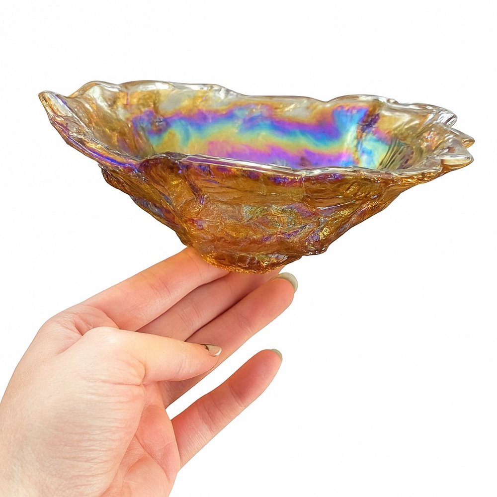 Carnival Glass Iridescent Ruffled Dish – Amber Rainbow